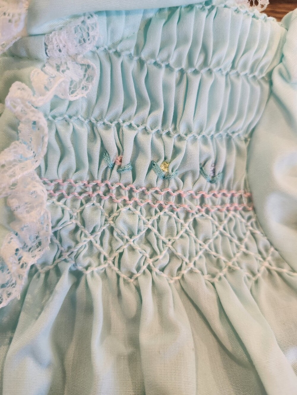 VINTAGE 60s Or 70's Polly Flinders Smocked Baby Dress W Pearls Green 0-3 Month - Picture 6 of 8